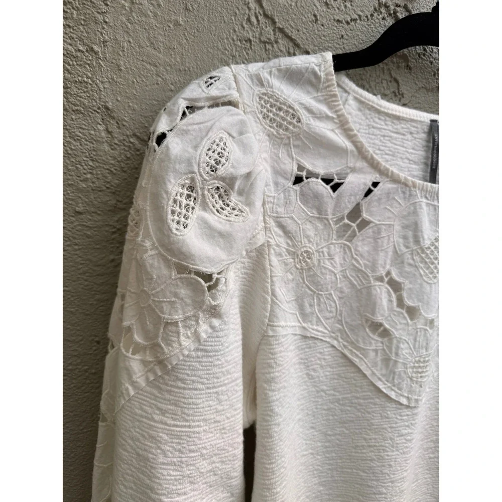 Anthropologie White Floral Eyelet Lace Embroidered Sweater XS Cottage Shabby